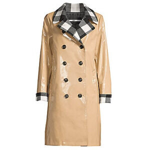 JANE POST BEIGE DOUBLE BREASTED BUFFALO TRIM RAIN SLICKER COAT RAINCOAT JACKET M